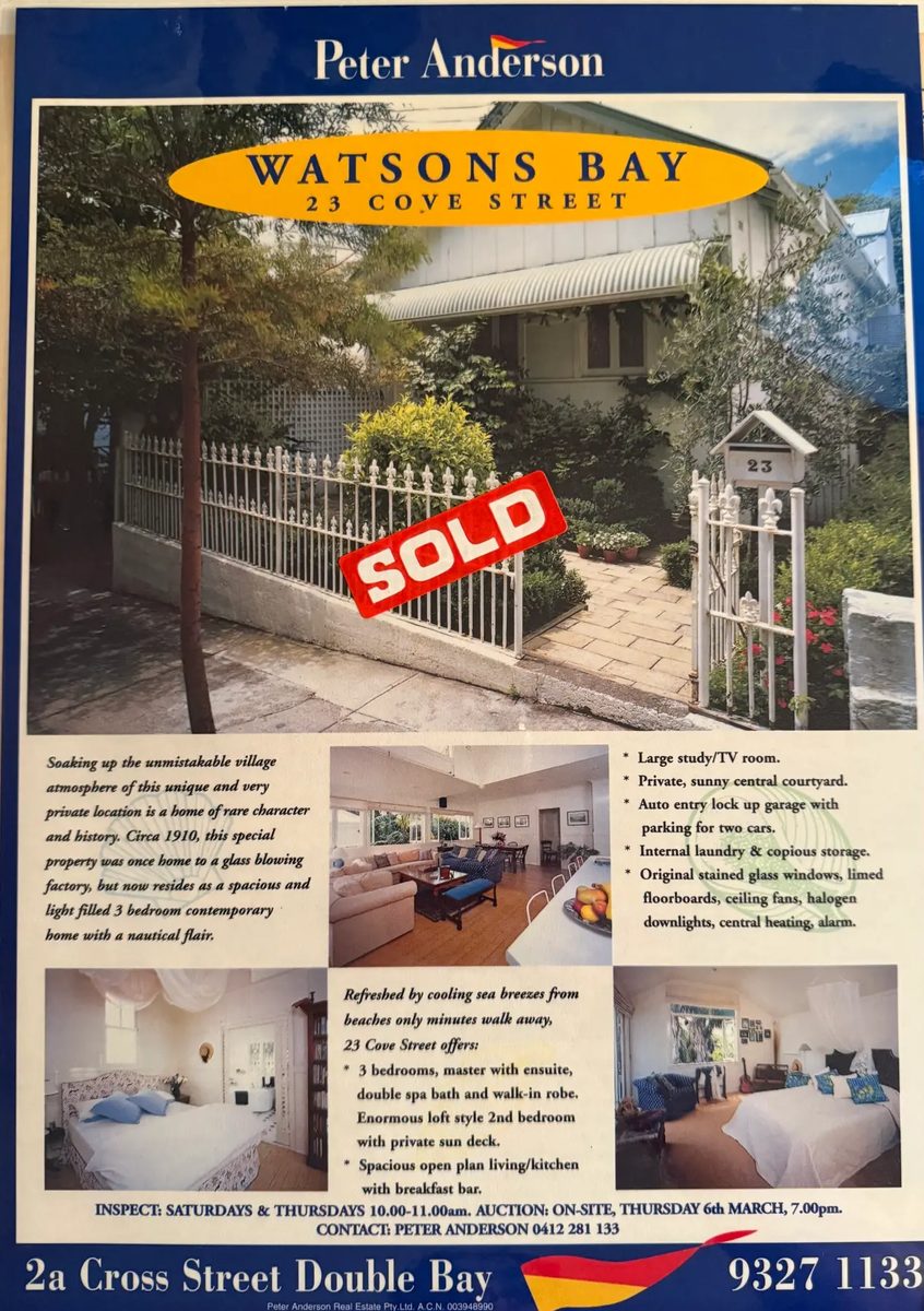 Newspaper advertisement for 23 Cove Street, Watsons Bay, showing the cottage frontage with a SOLD sticker