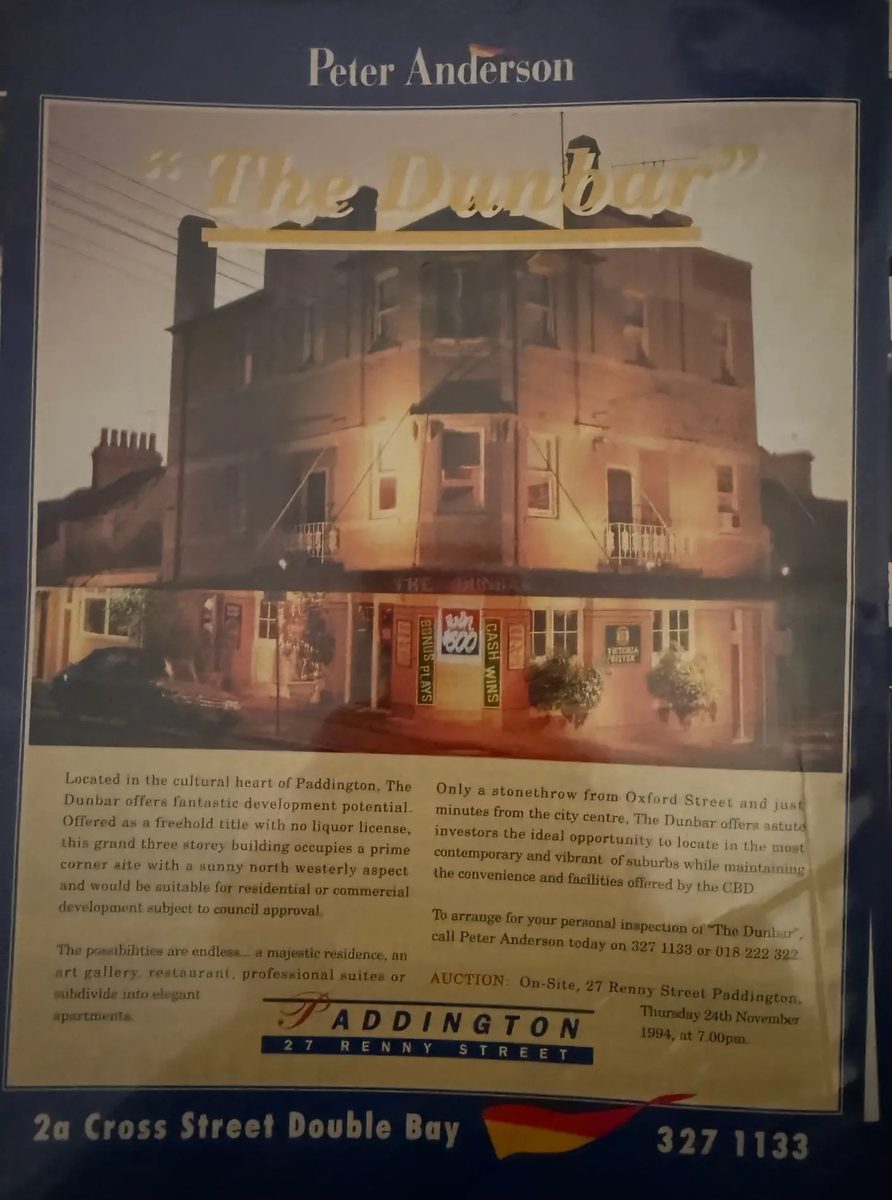 The Dunbar, 27 Renny Street, Paddington Newspaper advertisement for The Dunbar, 27 Renny Street, Paddington, showing the three-storey corner building
