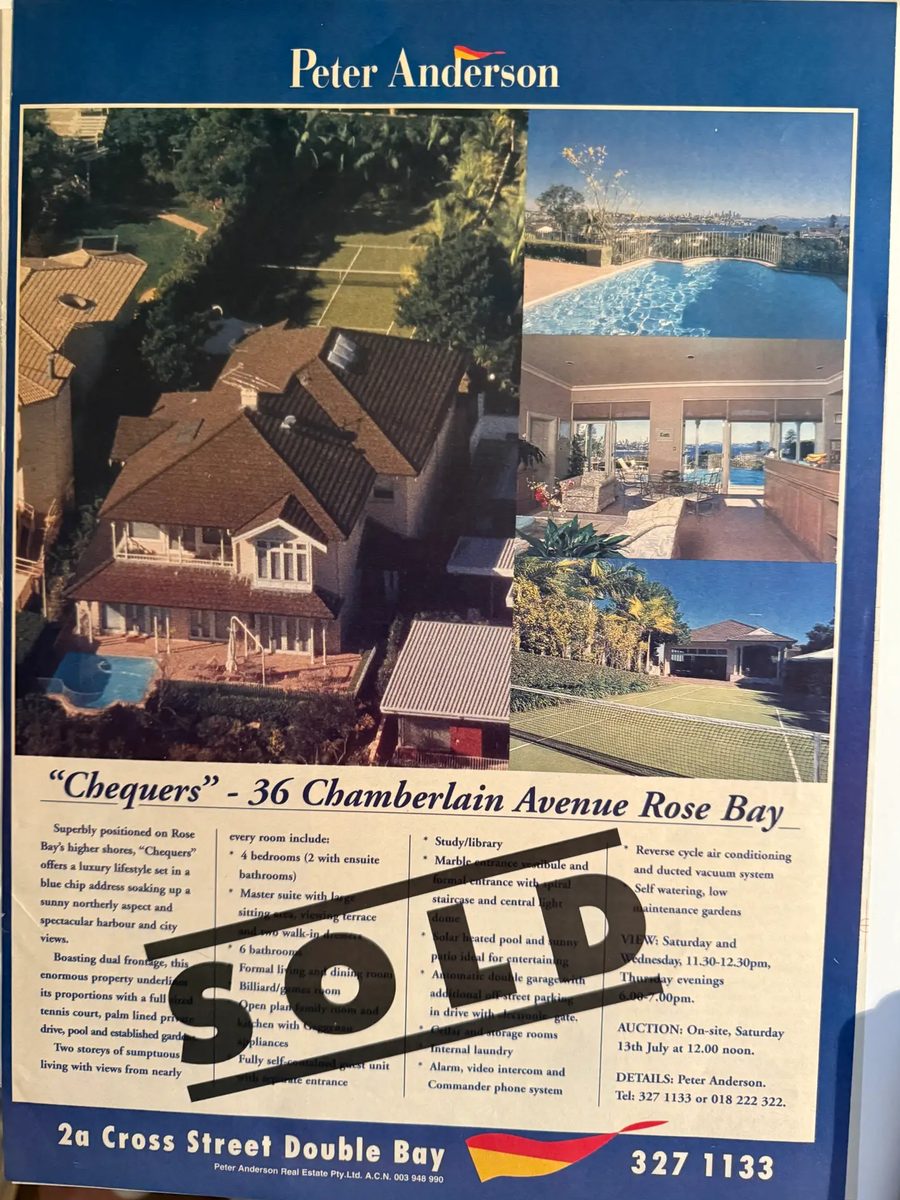 36-chamberlain-avenue-rose-bay Newspaper advertisement for Chequers, 36 Chamberlain Avenue, Rose Bay, with an aerial of the house and tennis court, stamped SOLD
