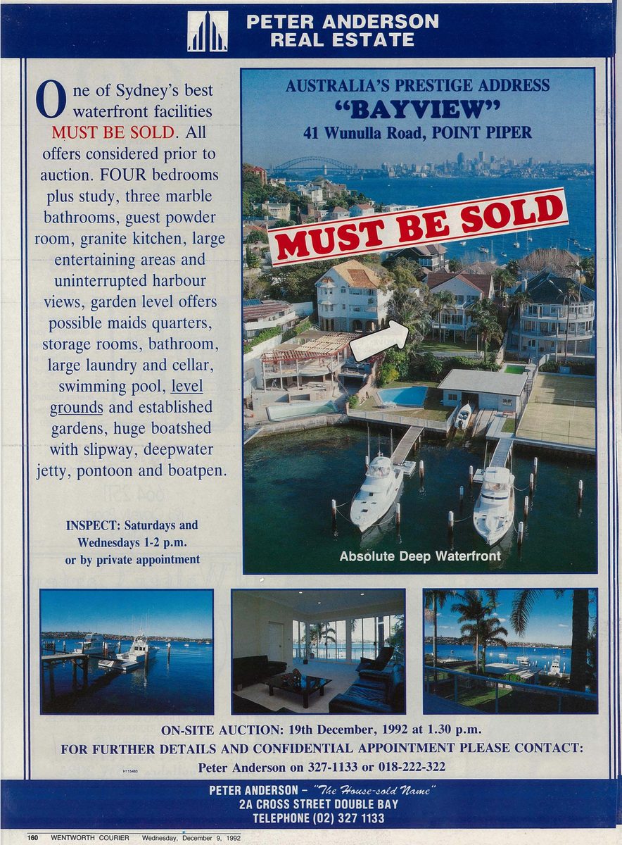 41-wunulla-road-point-piper Newspaper advertisement for Bayview, 41 Wunulla Road, Point Piper, with an aerial photo of the waterfront house, jetty and harbour