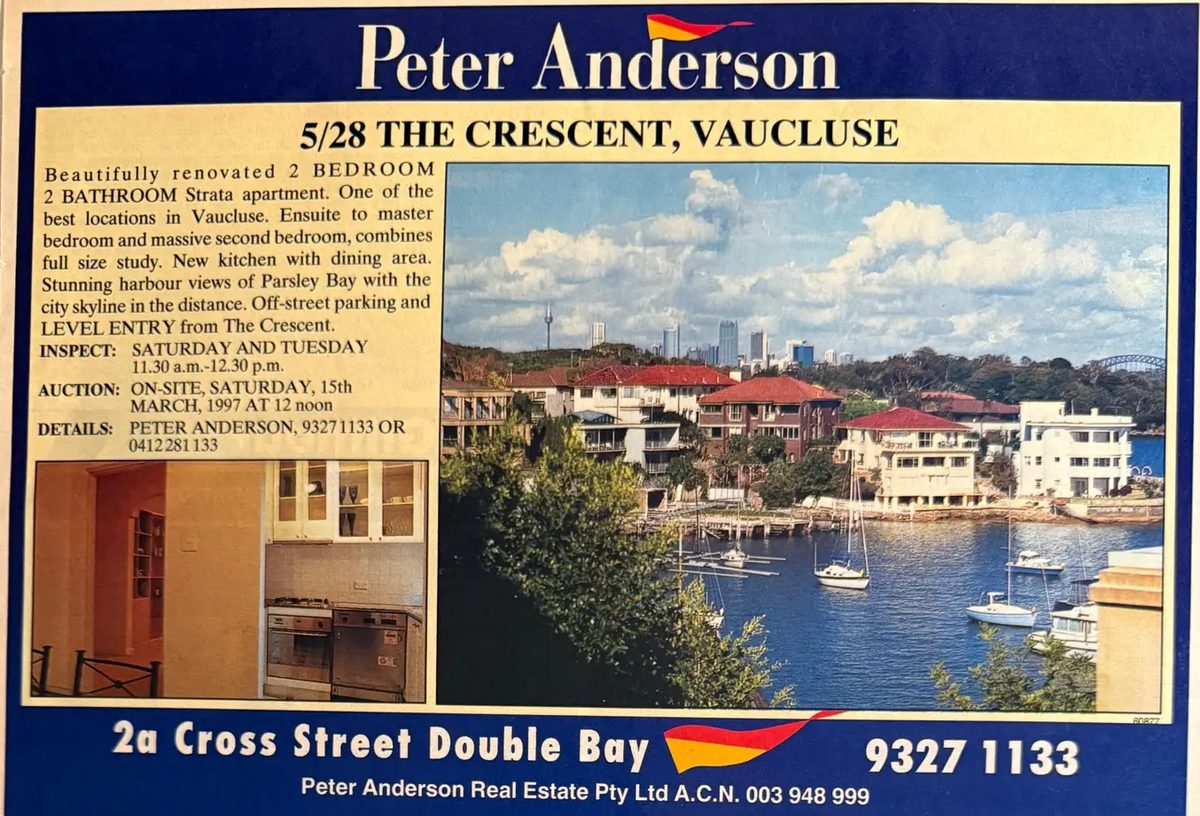 Newspaper advertisement for 5/28 The Crescent, Vaucluse, showing the view over Parsley Bay