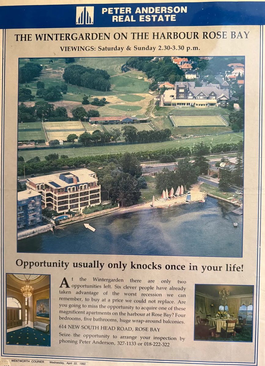 614-new-south-head-road-rose-bay-wintergarden Newspaper advertisement for The Wintergarden, Rose Bay, with an aerial photo of the waterfront apartment building