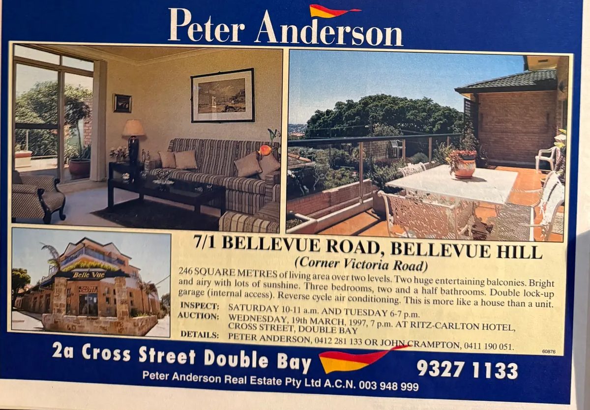 7/1 Bellevue Road, Bellevue Hill Newspaper advertisement for 7/1 Bellevue Road, Bellevue Hill, showing the living room and balcony