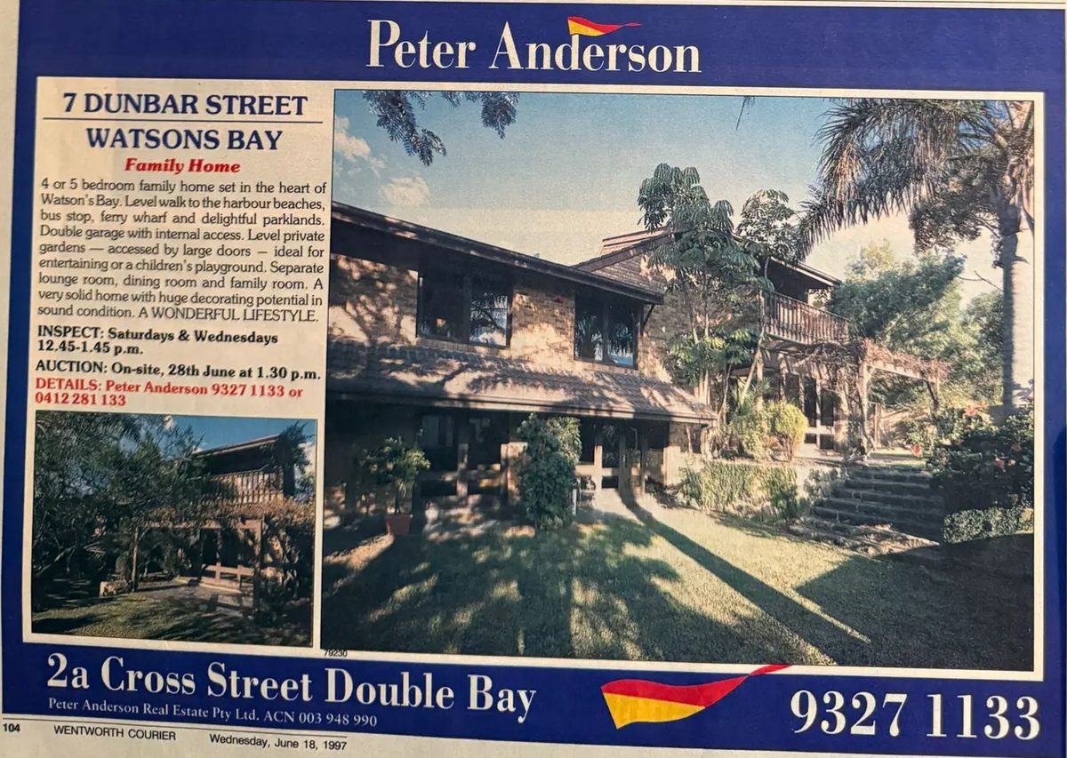 7 Dunbar Street, Watsons Bay Newspaper advertisement for 7 Dunbar Street, Watsons Bay, showing the two-storey house and garden