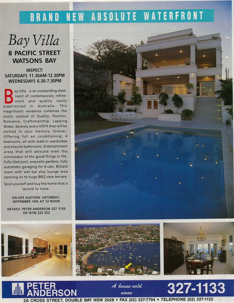 8-pacific-street-watsons-bay Newspaper advertisement for Bay Villa, 8 Pacific Street, Watsons Bay, showing the house and pool lit at dusk