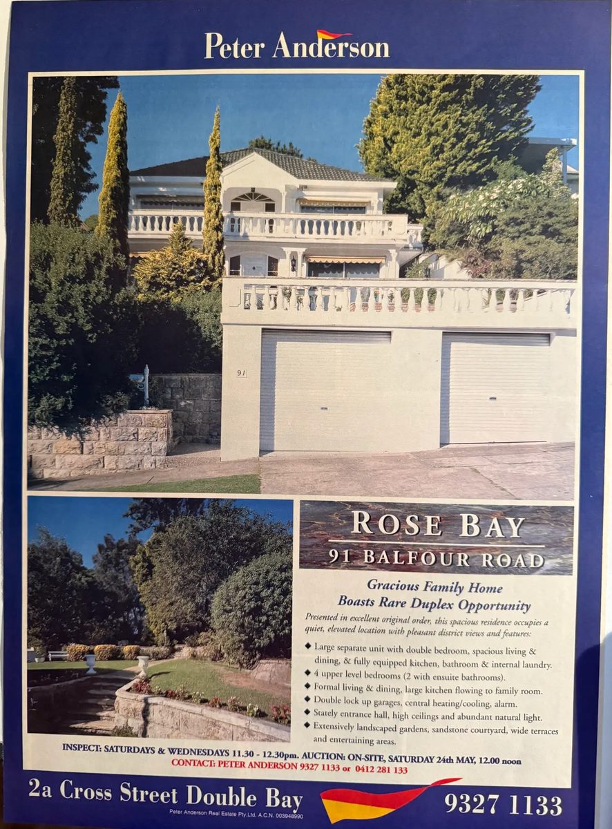 91 Balfour Road, Rose Bay Newspaper advertisement for 91 Balfour Road, Rose Bay, showing the white house with double garages