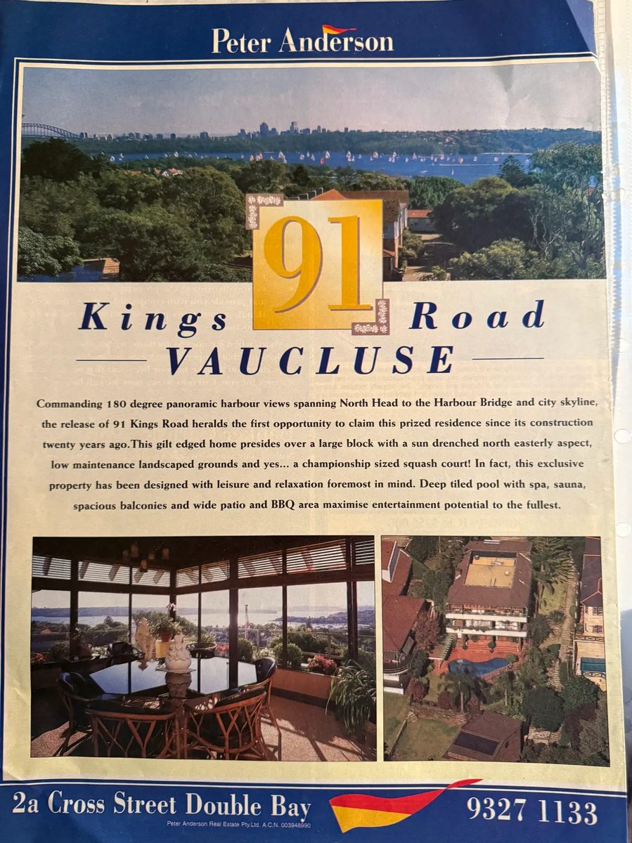 91-kings-road-vaucluse Newspaper advertisement for 91 Kings Road, Vaucluse, showing harbour views and an aerial of the house and pool