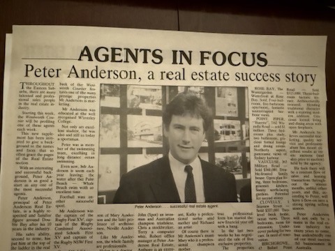 Newspaper clipping headlined Agents in Focus: Peter Anderson, a real estate success story