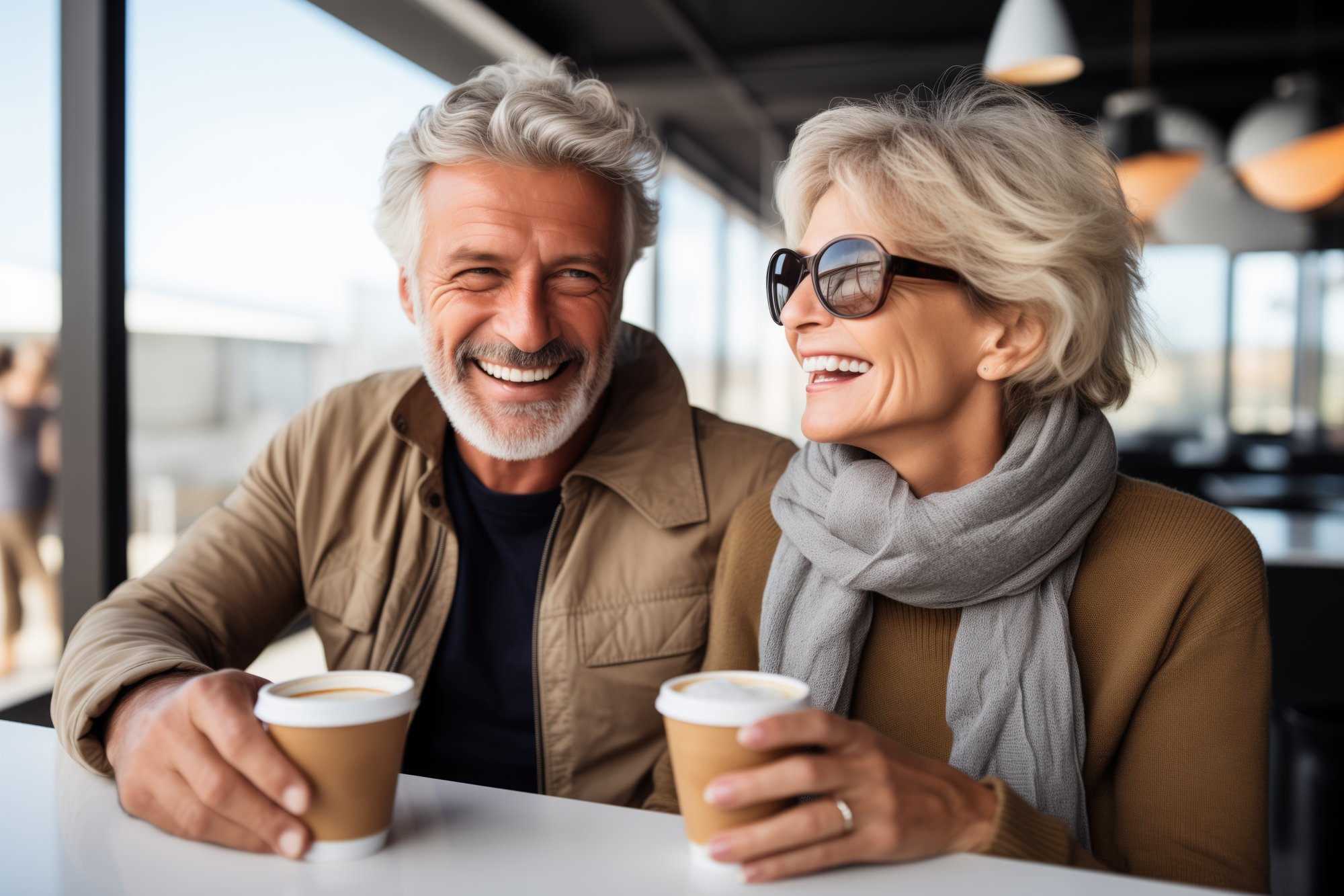 Smiling older couple sharing takeaway coffee at a bright cafe