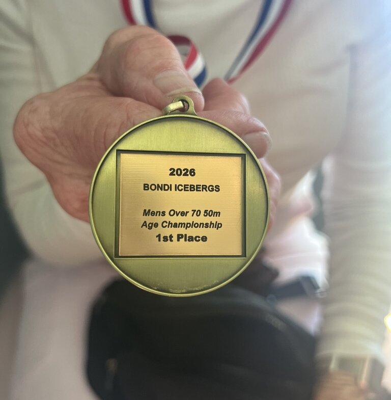 Bondi Icebergs medal engraved 2026 Mens Over 70 50m Age Championship 1st Place