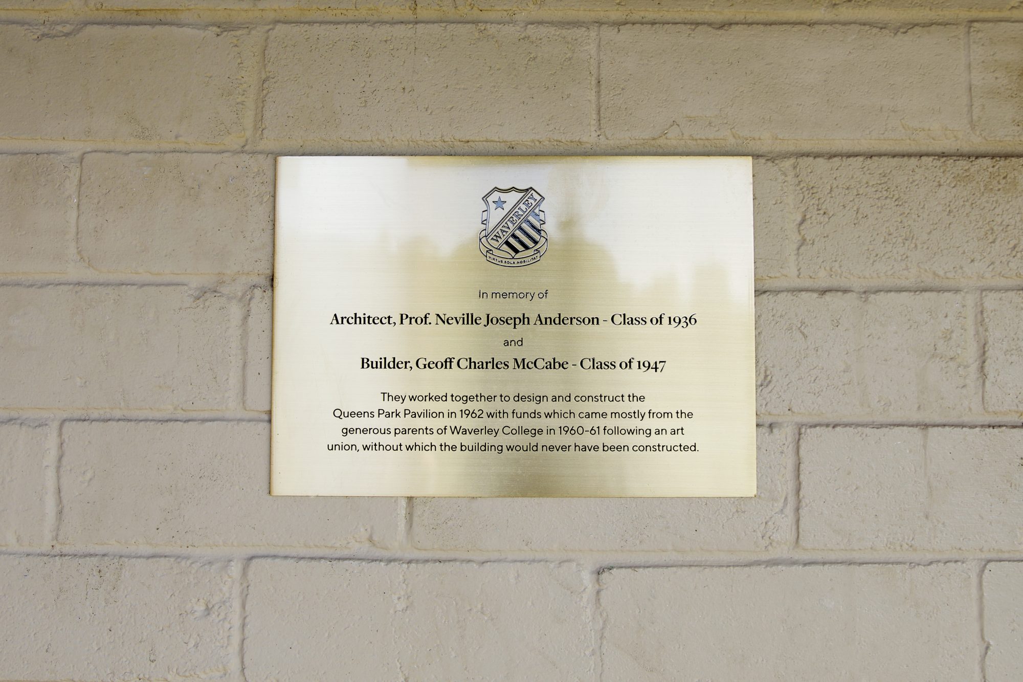 Brass plaque at the Queens Park Pavilion in memory of architect Neville Joseph Anderson and builder Geoff Charles McCabe
